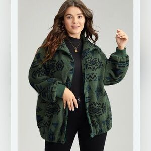 BLOOMCHIC Geometric Gathered Zipper Aztec Tribal Print Fleece Jacket Sz 10 Cozy